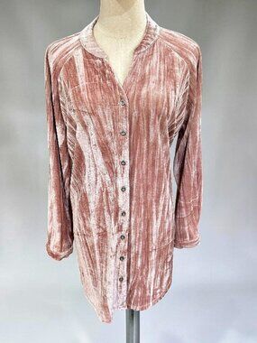 Blush Pink Crushed Velvet Tunic Top L Stretch Button Front Soft Lounge Glam CATO